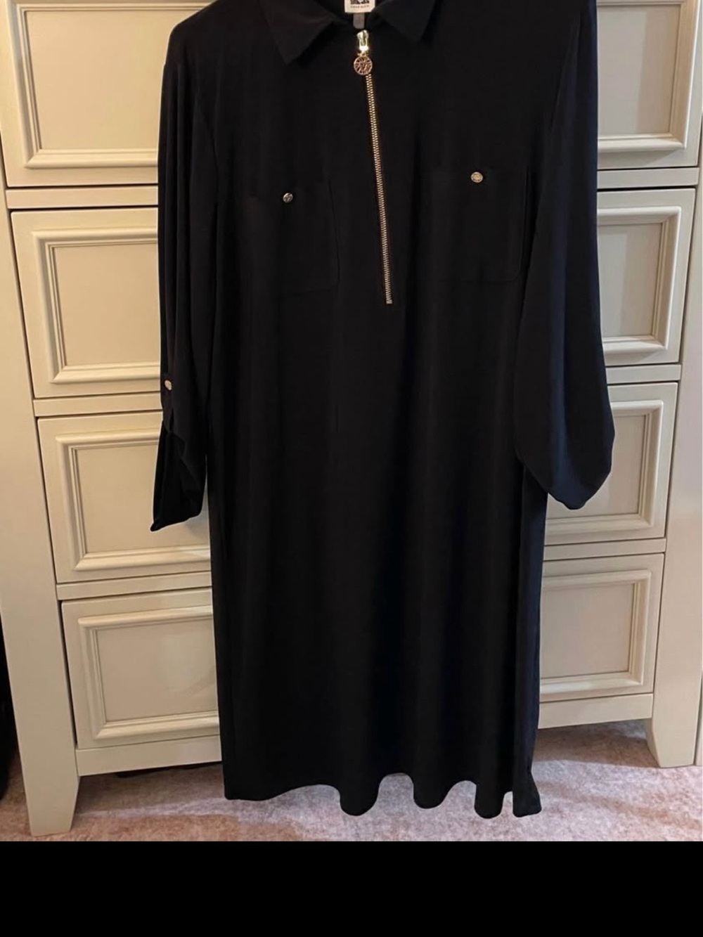 Anne Klein Black Zip-Front Midi Shirt Dress